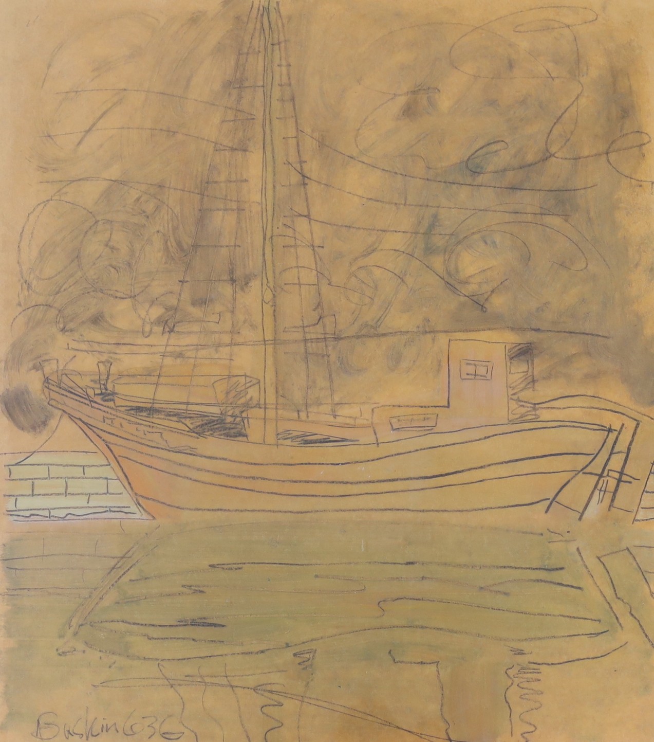 Leonard Baskin (1922-2000), charcoal and wash, Fishing boat in harbour, signed and numbered 636, 55 x 48cm